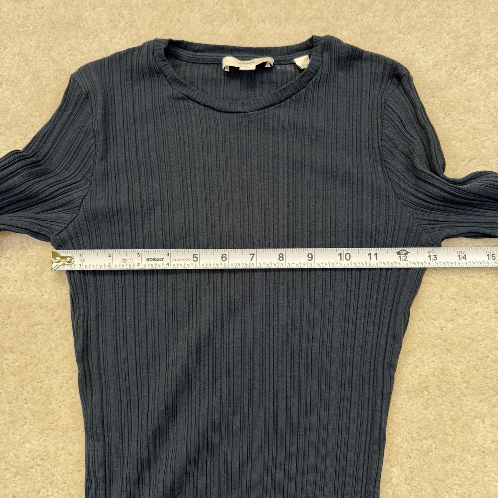 Vince Merrow Stitch Rib Crew Neck Top Womens M Coastal Blue Contrast Lettuce Hem - Picture 4 of 8